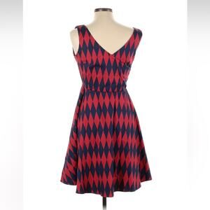 Ixia made in USA harlequin patterned red and blue diamond fit and flare dress, L